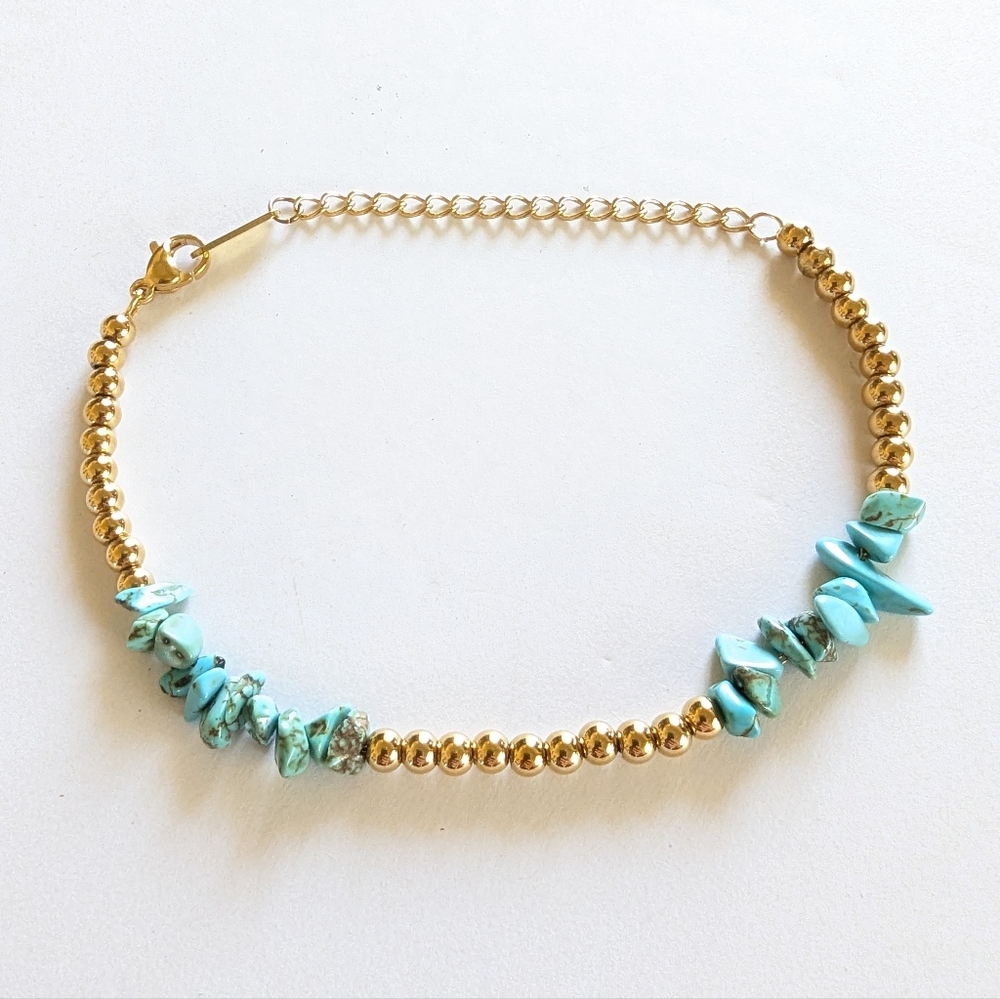 18k Gold Plated Balled & Genuine Turquoise Rock Stone Accent Bracelet Adjustable